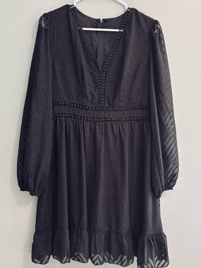 SHEIN Black Long Sleeve V-Neck Textured Mini Dress